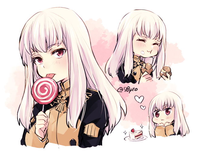 1girl cake candy closed_eyes closed_mouth eating fire_emblem fire_emblem:_three_houses food food_on_face garreg_mach_monastery_uniform holding lollipop long_hair long_sleeves lysithea_von_ordelia multiple_views naho_(pi988y) pink_eyes plate simple_background twitter_username uniform upper_body white_hair