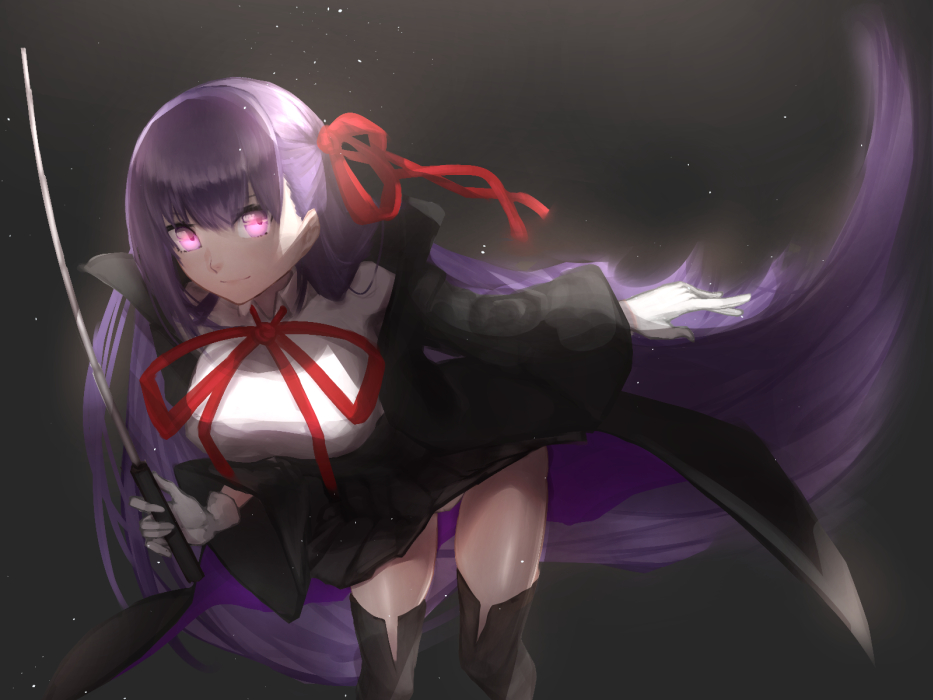 1girl aito bb_(fate)_(all) bb_(fate/extra_ccc) black_legwear breasts closed_mouth commentary fate/grand_order fate_(series) gloves hair_ribbon large_breasts long_hair long_sleeves looking_at_viewer purple_hair red_ribbon ribbon simple_background smile solo thigh-highs very_long_hair violet_eyes white_gloves