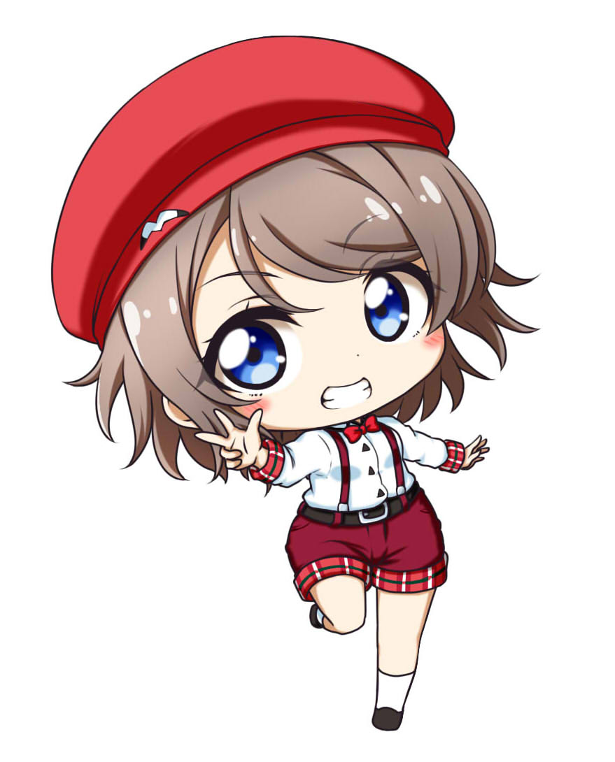 1girl bangs belt belt_buckle beret black_belt black_footwear blue_eyes blush bow bowtie brown_hair buckle chibi collared_shirt dress_shirt eyebrows_visible_through_hair full_body grin hat kuena loafers long_sleeves looking_at_viewer love_live! love_live!_sunshine!! red_headwear red_neckwear red_shorts shirt shoes short_shorts shorts simple_background smile socks solo standing standing_on_one_leg suspender_shorts suspenders watanabe_you white_background white_legwear white_shirt