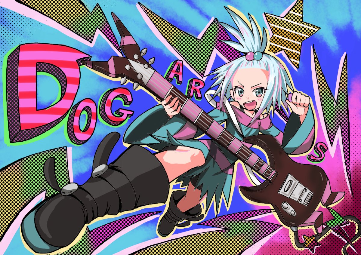 boots emapippi freckles guitar hair_ornament homika_(pokemon) instrument kicking pokemon pokemon_(game) pokemon_bw2 striped white_hair