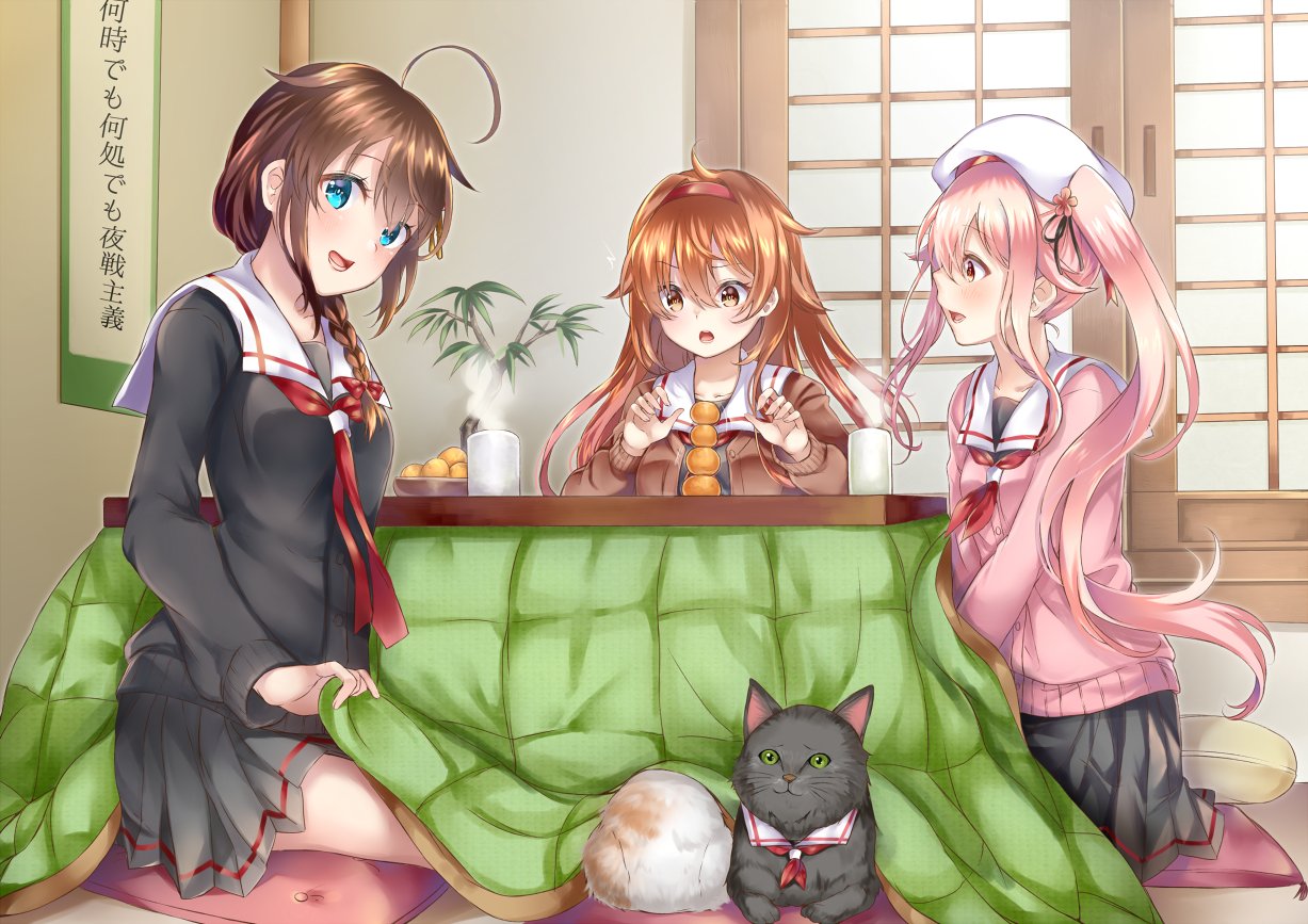 3girls :d ahoge beret black_ribbon black_serafuku black_skirt blue_eyes braid brown_cardigan brown_eyes brown_hair cat flower food fruit hair_flaps hair_flower hair_ornament hair_over_shoulder hair_ribbon hairband harusame_(kantai_collection) hat kantai_collection kotatsu long_hair looking_at_viewer mandarin_orange mashiro_aa multiple_girls neckerchief open_mouth pink_hair pleated_skirt red_eyes red_hairband red_neckwear remodel_(kantai_collection) ribbon school_uniform serafuku shigure_(kantai_collection) shiratsuyu_(kantai_collection) side_ponytail single_braid sitting skirt smile table white_headwear