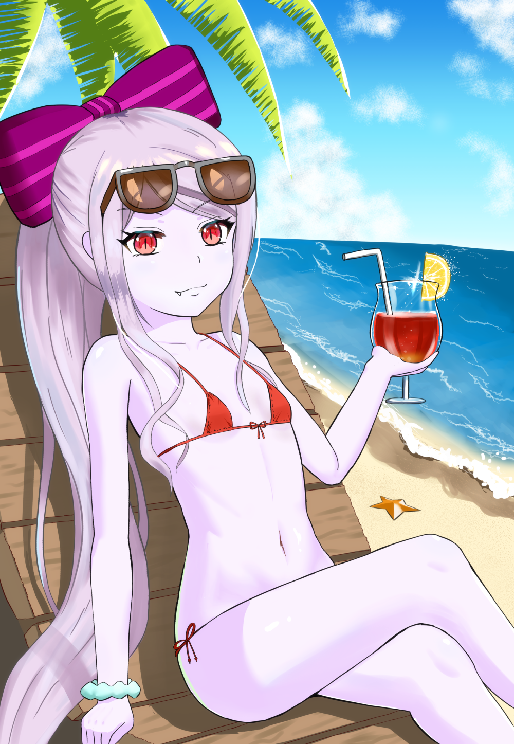 1girl bare_shoulders bikini blood bow clouds cloudy_sky collarbone cup drinking_glass eyewear_on_head fang food front-tie_bikini front-tie_top fruit hair_bow highres holding lavender_hair lemon lemon_slice long_hair looking_at_viewer micro_bikini midriff miporinrpg navel overlord_(maruyama) pale_skin palm_tree ponytail purple_bow red_bikini red_eyes scrunchie shalltear_bloodfallen side-tie_bikini sitting sky slit_pupils smile solo starfish sunglasses swimsuit tree vampire very_long_hair wine_glass wrist_scrunchie