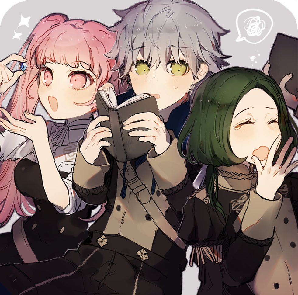 1girl 2boys ashe_ubert belt book closed_eyes epaulettes fire_emblem fire_emblem:_three_houses garreg_mach_monastery_uniform green_hair grey_hair hilda_valentine_goneril holding holding_book linhardt_von_hevring long_hair long_sleeves multiple_boys nemui_468 open_book open_mouth pink_hair short_hair twintails uniform