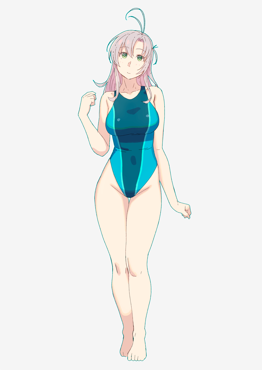 1girl alternate_costume antenna_hair aqua_swimsuit barefoot competition_swimsuit full_body green_eyes grey_background grey_hair hair_tie highres kantai_collection kinugasa_(kantai_collection) medium_hair one-piece_swimsuit short_twintails simple_background solo standing swimsuit twintails yuuji_(and)