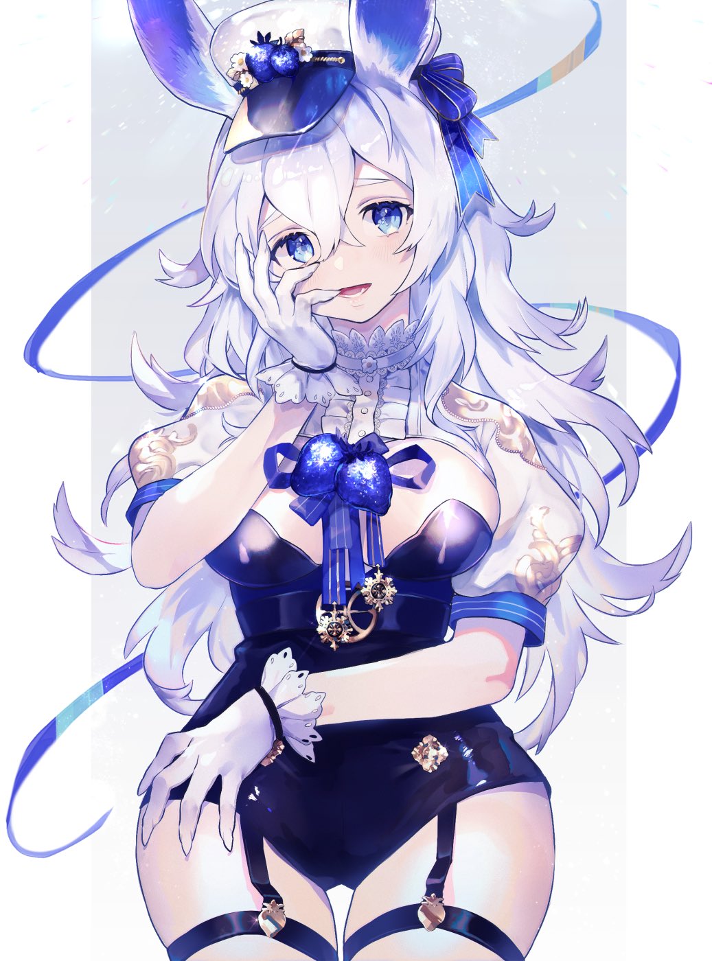 1girl animal_ears belt blue_eyes flower food fruit garter_belt garter_straps gloves hand_on_own_face hat highres leotard long_hair natsuiro_xx open_mouth original puffy_short_sleeves puffy_sleeves rabbit_ears short_sleeves solo strawberry thick_thighs thighs white_gloves white_hair