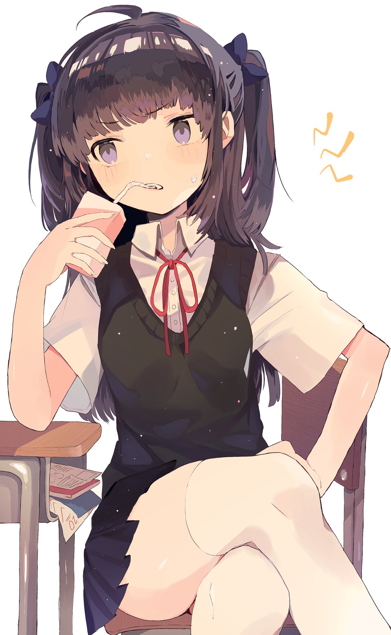 1girl ahoge biting black_hair bow chair desk drink drinking_straw fang hair_bow highres juice_box original pleated_skirt red_neckwear school_desk short_sleeves sitting skirt solo sweatdrop ten'non thigh-highs twintails vest white_background white_legwear