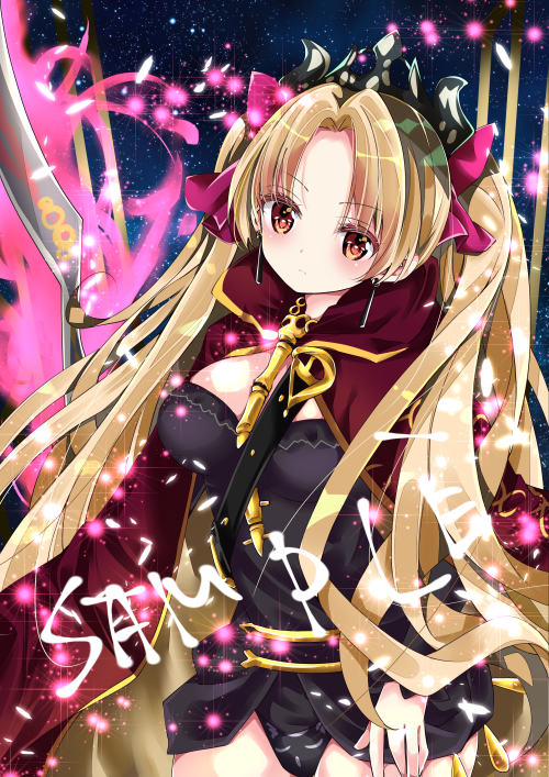 1girl bangs black_dress blonde_hair blush bow breasts brown_cloak cloak closed_mouth dress ereshkigal_(fate/grand_order) eyebrows_visible_through_hair fate/grand_order fate_(series) hair_bow hood hood_down hooded_cloak long_hair long_sleeves looking_at_viewer medium_breasts multicolored_cloak nanase_nao parted_bangs pink_bow red_cloak red_eyes sample skull solo spine tiara two_side_up very_long_hair