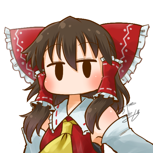 1girl arm_up ascot avatar_icon bare_shoulders blush bow brown_hair chamaji close-up commentary_request detached_sleeves eyebrows_visible_through_hair frilled_bow frills hair_between_eyes hair_bow hair_tubes hakurei_reimu jitome looking_at_viewer lowres nontraditional_miko short_hair sidelocks signature simple_background solid_oval_eyes solo touhou upper_body white_background