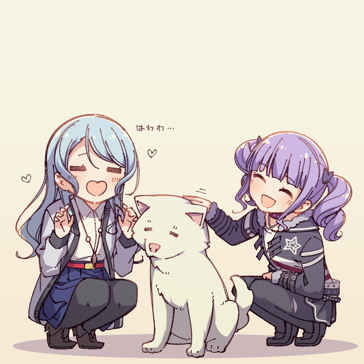 2girls :d =_= ^_^ animal aqua_hair arm_belt ayasaka bang_dream! belt black_bow black_footwear black_jacket black_legwear black_skirt blue_skirt bow closed_eyes collar collared_shirt commentary_request dog fur-trimmed_sleeves fur_trim grey_jacket hair_bow hand_on_lap hands_up heart heart-shaped_mouth hikawa_sayo jacket jewelry long_hair miniskirt multiple_girls open_mouth pantyhose paw_print pendant petting pleated_skirt purple_hair shirt shoes sidelocks skirt smile squatting star star_print tan_background twintails udagawa_ako white_shirt