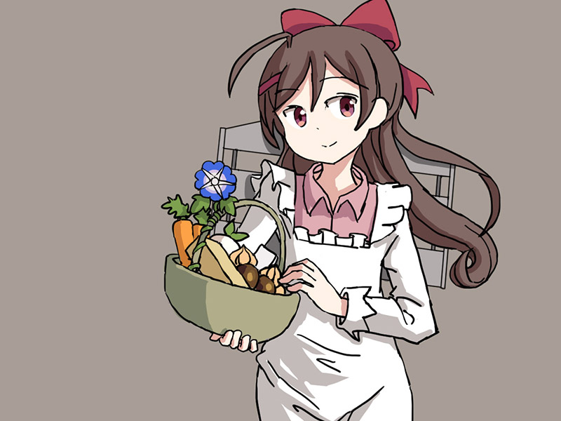 1girl adrian_ferrer basket brown_hair carrot commentary cowboy_shot english_commentary flat_chest flower grey_background hair_ornament hair_ribbon hairclip kantai_collection kappougi long_hair looking_at_viewer machinery mamiya_(kantai_collection) onion red_eyes ribbon simple_background smile solo