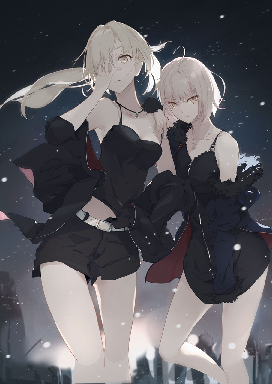 2girls artoria_pendragon_(all) bangs belt blonde_hair breasts dress fate/grand_order fate/stay_night fate_(series) fur_trim highres jacket jeanne_d'arc_(alter)_(fate) jeanne_d'arc_(fate)_(all) jewelry kodamazon long_hair looking_at_viewer multiple_girls necklace off_shoulder ponytail saber_alter short_hair shorts snowing tank_top wicked_dragon_witch_ver._shinjuku_1999 yellow_eyes