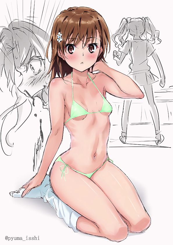 2girls bikini blood brown_eyes brown_hair commentary_request full_body green_bikini long_hair loose_socks misaka_mikoto monochrome multiple_girls nosebleed pleated_skirt puma_(hyuma1219) school_uniform shirai_kuroko short_hair side-tie_bikini sitting skirt spot_color standing sweater_vest swimsuit to_aru_kagaku_no_railgun to_aru_majutsu_no_index tokiwadai_school_uniform twintails wariza white_legwear