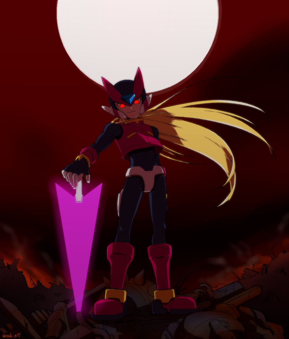 1boy android armor blonde_hair bodysuit corpse energy_blade energy_sword gloves glowing helmet holding junk long_hair magosaki male_focus moon night omega_(rockman) red_eyes red_sky robot rockman rockman_zero scraps sky solo_focus sword war weapon zero_(rockman)