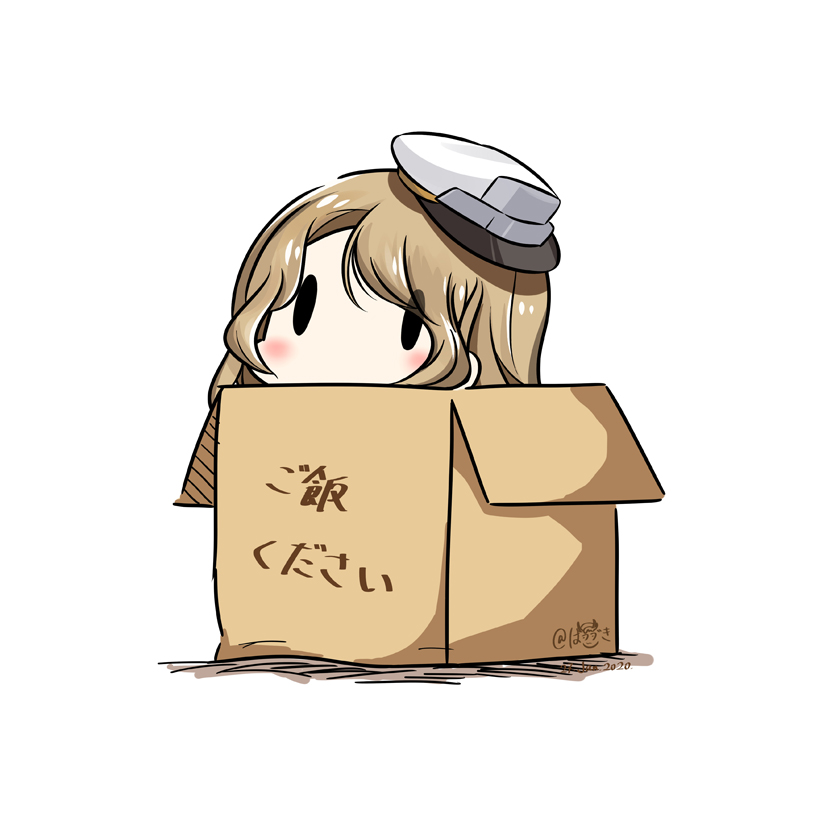 1girl box cardboard_box dated hat hatsuzuki_527 houston_(kantai_collection) in_box in_container kantai_collection light_brown_hair long_hair peaked_cap simple_background solid_oval_eyes solo translation_request twitter_username white_background white_headwear