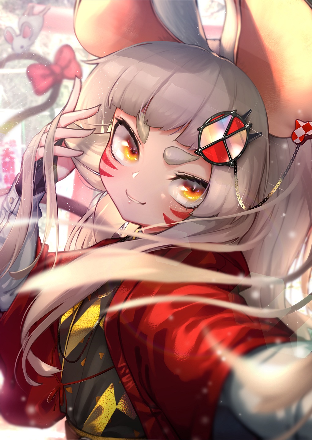 1girl animal_ears arm_up bangs black_kimono blurry blurry_background blurry_foreground blush bow bridal_gauntlets chain depth_of_field ear_piercing facial_mark grin hand_up happy heart highres japanese_clothes kashu_(hizake) kimono light_blush long_hair long_sleeves looking_at_viewer monocle mouse mouse_ears mouse_tail orange_eyes original outstretched_arm parted_lips piercing platinum_blonde_hair red_bow self_shot shirt smile solo sparkle symbol_commentary tail tail_bow teeth upper_body white_shirt