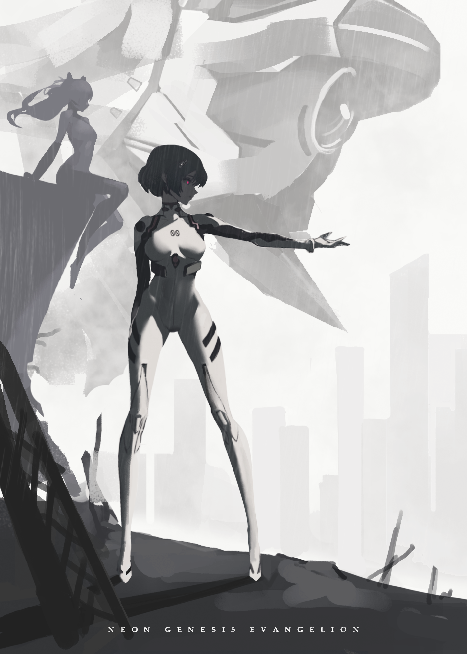 2girls ayanami_rei blue_hair building closed_mouth covered_navel english_text greyscale highres long_hair mecha monochrome multiple_girls neon_genesis_evangelion plugsuit red_eyes redooo short_hair silhouette sitting souryuu_asuka_langley spot_color standing turtleneck