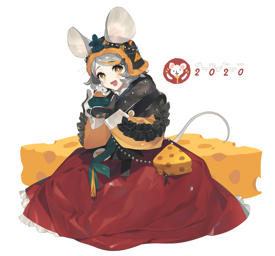 1girl :d animal animal_ears bag blush cheese food grey_hair handbag hat looking_at_viewer lunch_(lunchicken) mittens mouse mouse_ears mouse_tail open_mouth original short_hair simple_background skirt smile solo tail white_background yellow_eyes