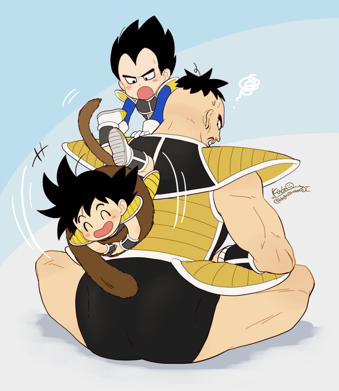 +++ 3boys :d :o ^_^ annoyed aqua_background armor black_eyes black_hair blue_background clenched_teeth closed_eyes dot_nose dragon_ball dragon_ball_minus dragon_ball_super_broly facial_hair from_behind frown gloves gradient gradient_background grey_background hands_on_another's_shoulders indian_style kalno looking_at_another looking_back looking_down male_focus monkey_tail multiple_boys muscle mustache nappa open_mouth playing signature simple_background sitting size_difference smile smiley_face son_gokuu speed_lines sweatdrop tail tail_grab teeth twitter_username vegeta white_gloves younger