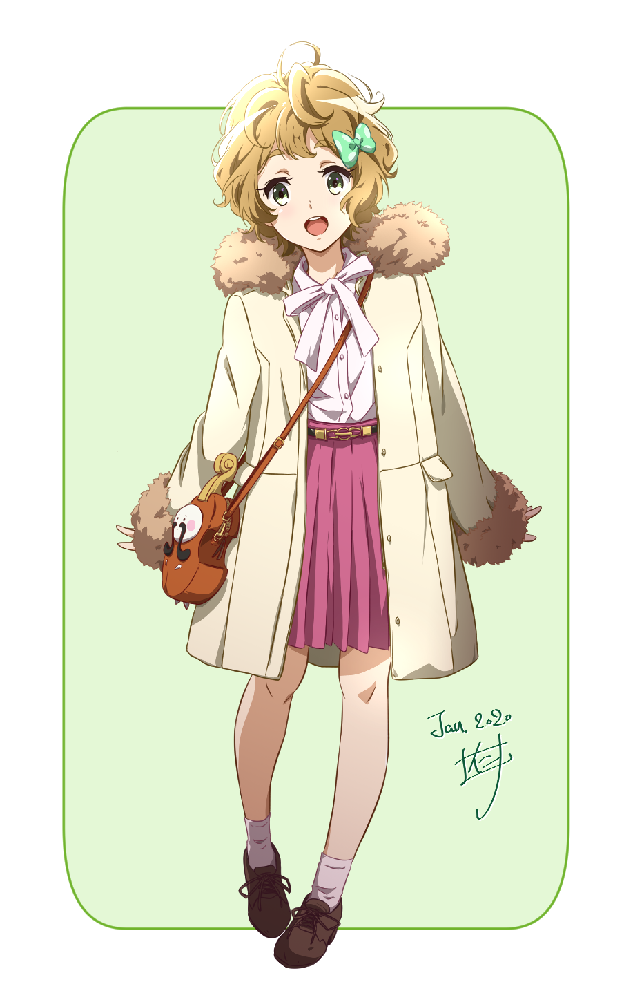 1girl arms_behind_back bag belt blonde_hair bobby_socks brown_footwear casual coat commentary cross-laced_footwear dated fur-trimmed_coat fur_trim green_background green_eyes hair_ribbon handbag hibike!_euphonium highres kawashima_sapphire long_sleeves looking_at_viewer messy_hair nii_manabu open_mouth pleated_skirt purple_skirt ribbon rounded_corners shirt signature simple_background skirt socks solo standing tachi-e thick_eyebrows upper_teeth white_coat white_legwear white_shirt