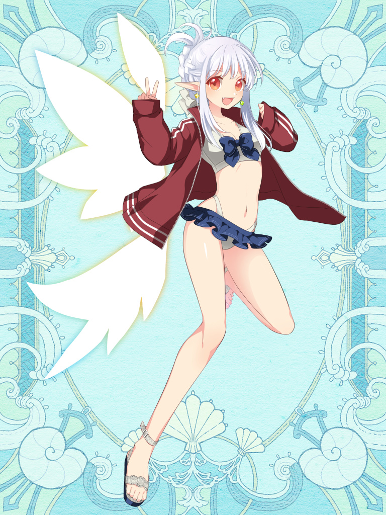 1girl :d blue_background blue_bow bow braid breasts earrings full_body hair_bow hair_up jacket jewelry kerberos_blade l_(matador) long_sleeves looking_at_viewer midriff miniskirt navel open_clothes open_jacket open_mouth red_eyes red_jacket sidelocks silver_hair simple_background skirt small_breasts smile solo standing standing_on_one_leg v white_bow