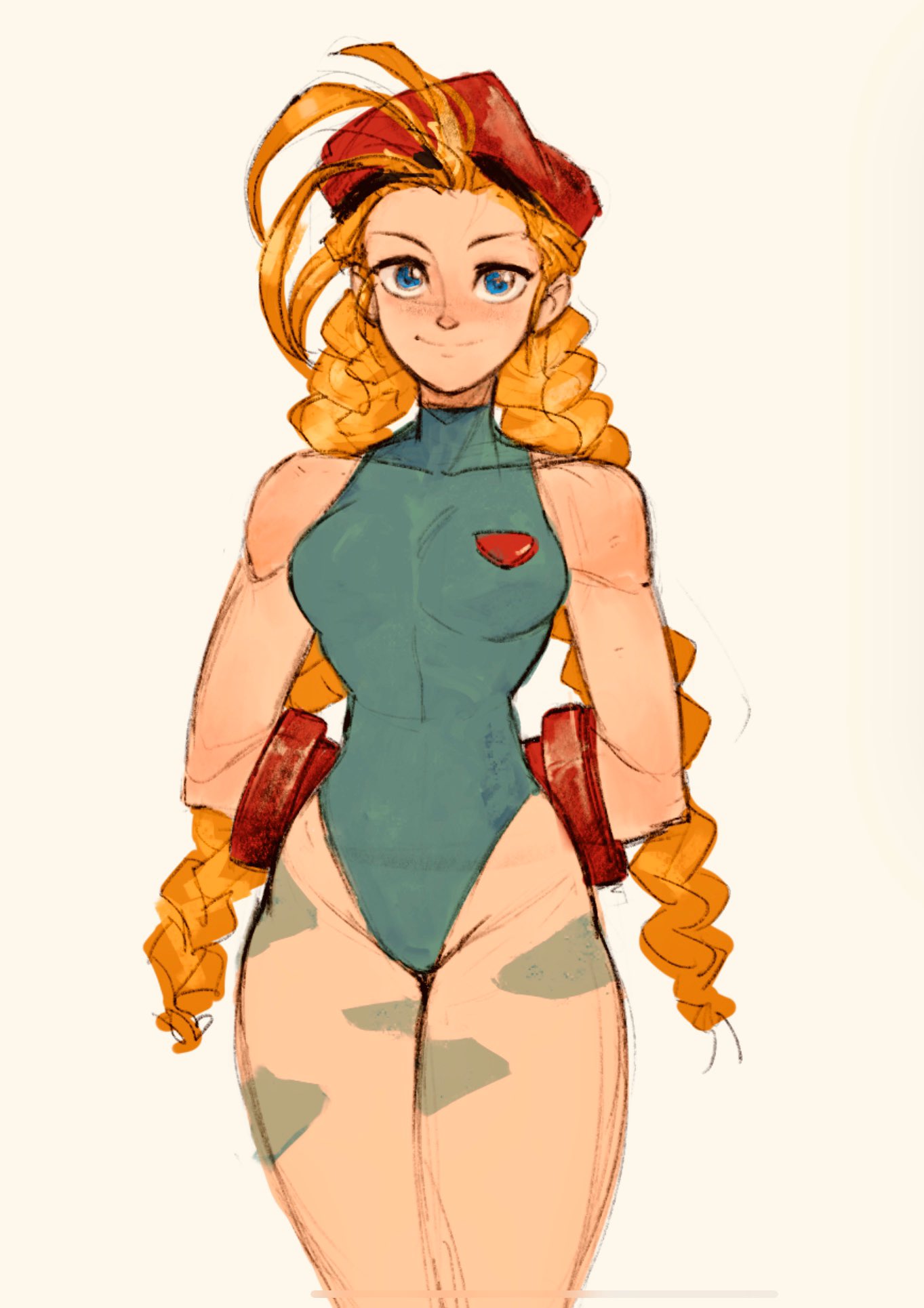 1girl antenna_hair arms_behind_back beret blonde_hair blue_eyes bodypaint braid breasts cammy_white camouflage commentary cowboy_shot david_liu elbow_gloves english_commentary gloves green_leotard hat highres leotard long_braid red_eyes sketch small_breasts smile solo street_fighter street_fighter_ii_(series) thighs twin_braids