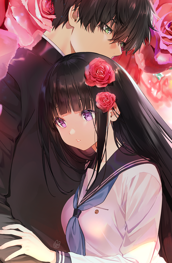 1boy 1girl bangs black_hair blouse blunt_bangs breasts brown_hair chitanda_eru collar commentary_request eyes_visible_through_hair flower gakuran green_eyes hair_flower hair_ornament hetero holding holding_another's_arm hyouka long_hair long_sleeves looking_down looking_to_the_side mery_(apfl0515) neckwear oreki_houtarou parted_lips pink_flower rose school_uniform serafuku standing uniform upper_body violet_eyes