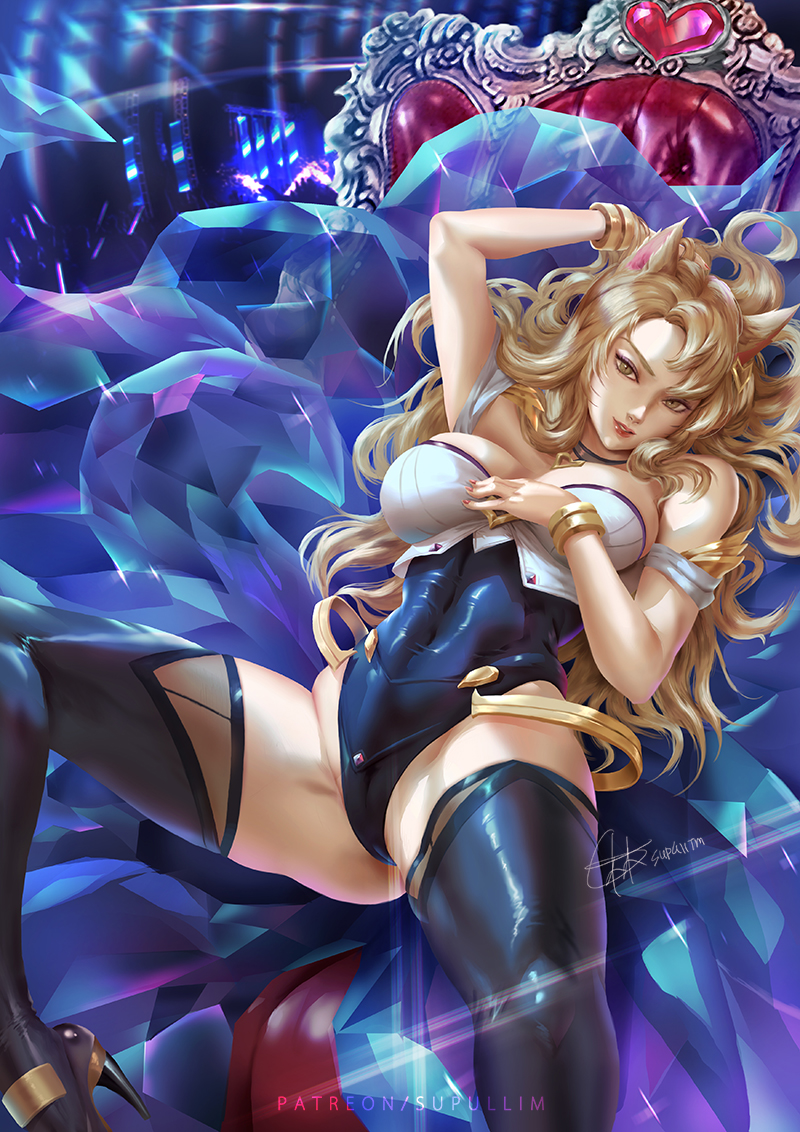1girl ahri animal_ears arm_up bare_shoulders black_legwear blonde_hair bracelet breasts chair covered_navel crystal fox_ears gem heart high_heels jewelry kitsune league_of_legends leotard long_hair lying on_back parted_lips red_lips red_nails signature slit_pupils smile solo sparkle spread_legs tail thigh-highs tnwjd2tkfkd whisker_markings yellow_eyes