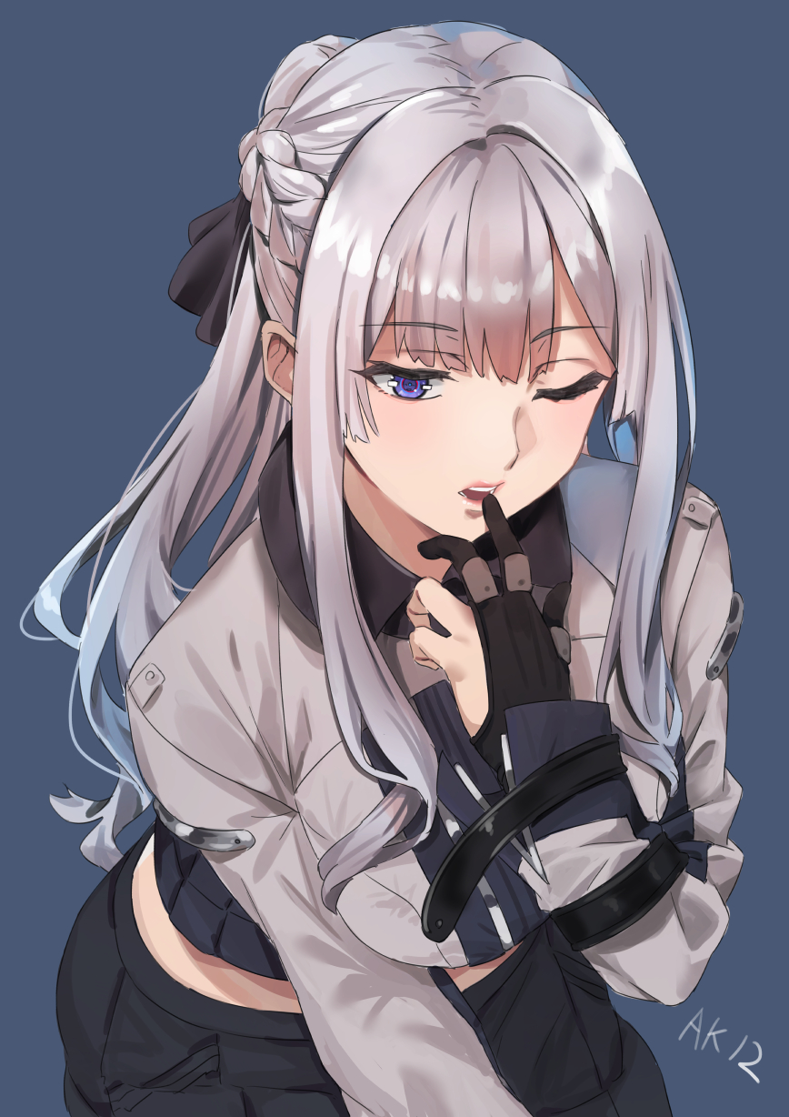 028ilc 1girl ak-12_(girls_frontline) bangs black_ribbon blue_background braid breasts collared_shirt eyebrows_visible_through_hair finger_to_mouth french_braid from_above girls_frontline gloves grey_shirt highres large_breasts long_hair long_sleeves one_eye_closed open_mouth partly_fingerless_gloves ribbon shirt sidelocks silver_hair