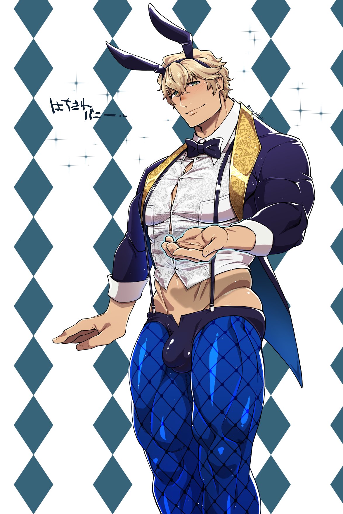 1boy adonis_belt animal_ears argyle argyle_background black_neckwear blonde_hair blue_jacket blue_legwear borrowed_design bow bowtie bulge bunny_boy bursting_pecs coattails fake_animal_ears fate/grand_order fate_(series) fishnets gawain_(fate/extra) highres jacket looking_at_viewer male_focus muscle outstretched_hand patterned_background rabbit_ears shiny_legwear shirt short_shorts shorts solo sparkle standplay suspender_shorts suspenders white_shirt