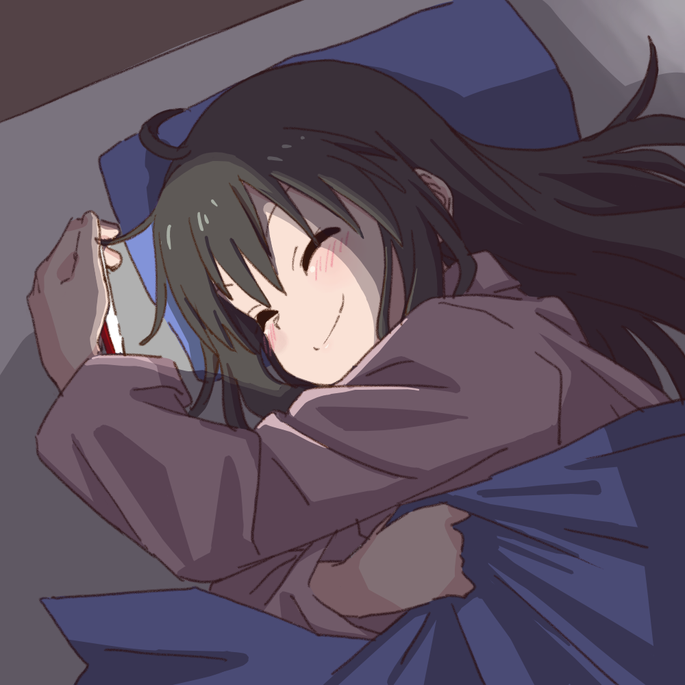 1girl ahoge bed black_hair blush cellphone closed_eyes holding holding_cellphone holding_phone kuraue_hinata lying on_side pajamas phone smile solo under_covers yama_no_susume yougiri