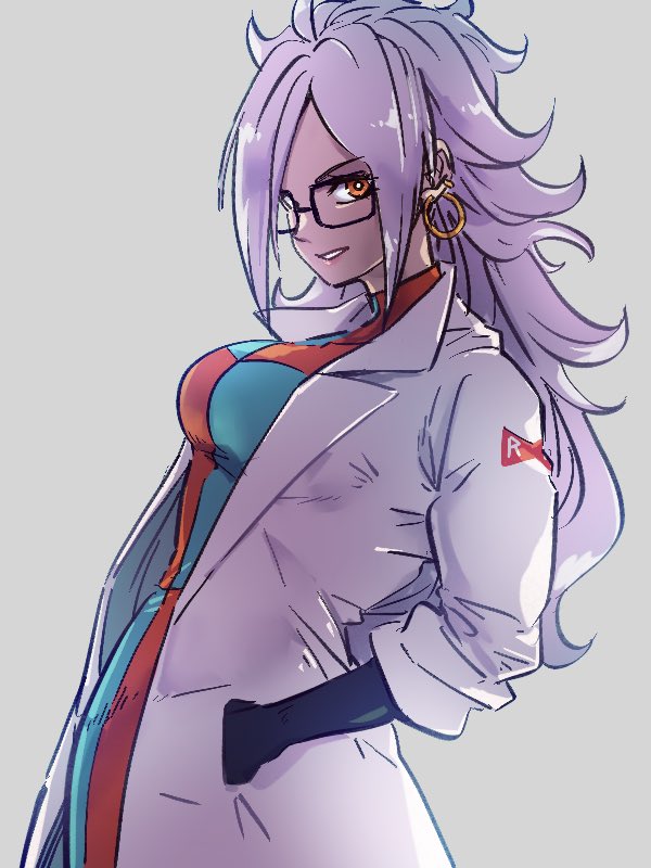 1girl android_21 black-framed_eyewear breasts checkered checkered_dress dragon_ball dragon_ball_fighterz dress earrings glasses hands_in_pockets hoop_earrings jewelry kemachiku labcoat long_hair looking_at_viewer medium_breasts orange_eyes red_ribbon_army solo white_hair