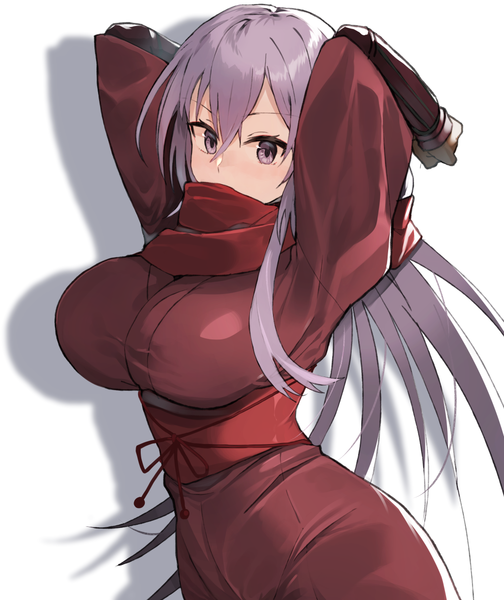 1girl arms_behind_head breasts dragon_yukano eyebrows_visible_through_hair hair_between_eyes kasuka_(kusuki) large_breasts lavender_hair long_hair looking_at_viewer ninja ninja_slayer red_scarf scarf simple_background solo violet_eyes white_background