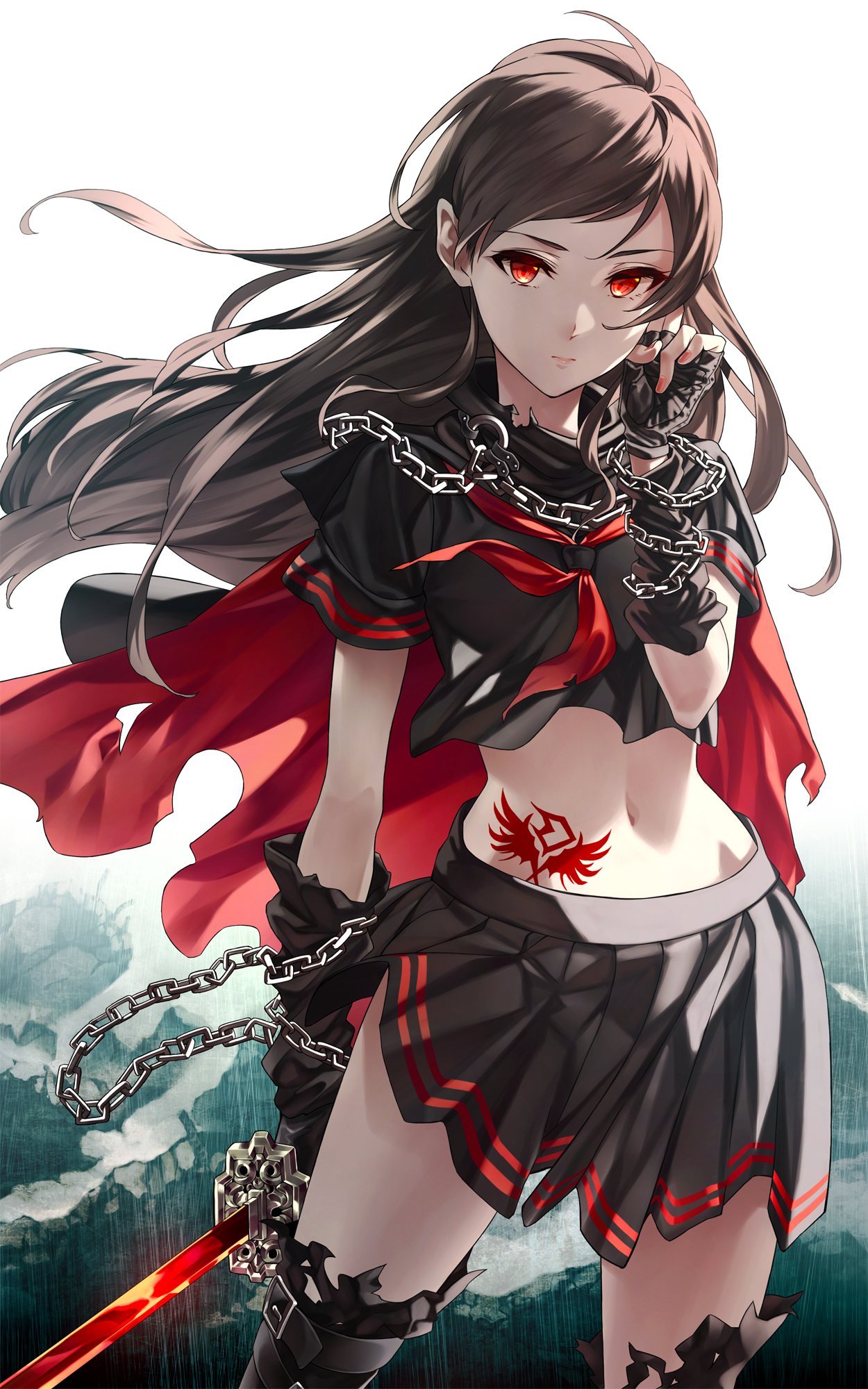 1girl black_gloves brown_hair cape chain fingerless_gloves gloves hand_up highres holding holding_sword holding_weapon idolmaster idolmaster_million_live! kitazawa_shiho long_hair looking_at_viewer motoki_(hisano_motoki) navel red_eyes skirt standing sword tattoo weapon