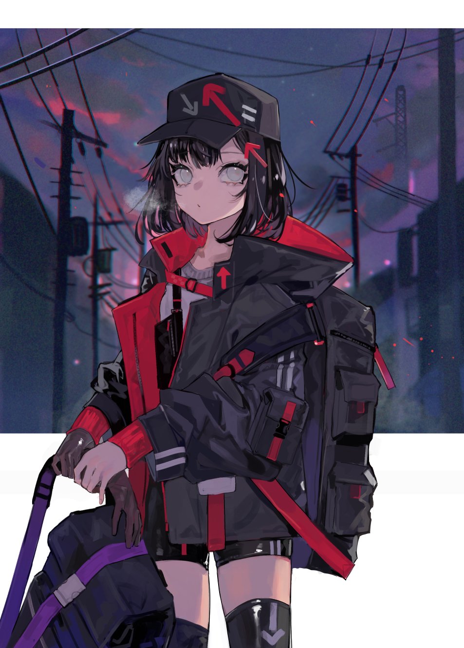 1girl backpack bag bangs baseball_cap black_hair black_jacket black_legwear black_shorts breath brown_gloves gloves hair_ornament hairclip hat highres holding jacket original power_lines short_hair shorts solo thigh-highs u_tnmn white_eyes