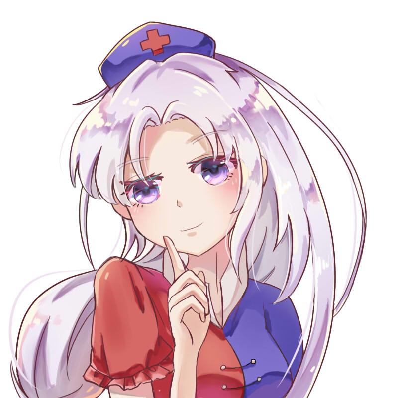 1girl bangs blue_dress blush breasts dress eyebrows_visible_through_hair hand_up hat head_tilt index_finger_raised long_hair looking_at_viewer multicolored multicolored_clothes multicolored_dress niromi nurse_cap red_cross red_dress short_sleeves sidelocks silver_hair simple_background small_breasts smile solo touhou upper_body violet_eyes white_background yagokoro_eirin