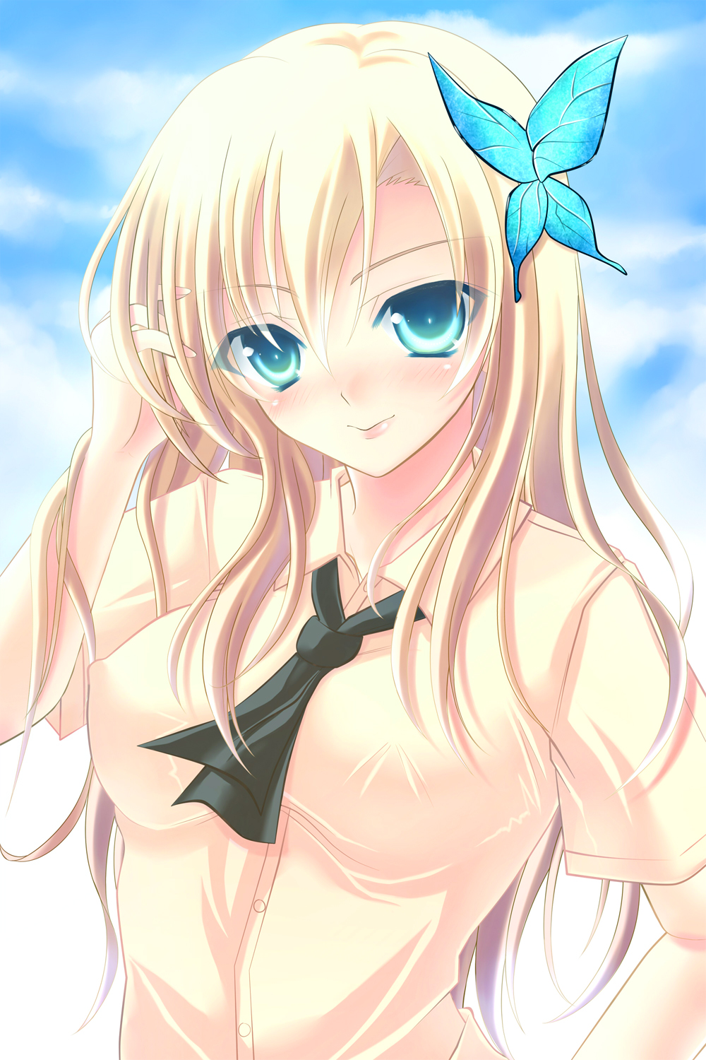 1girl black_neckwear blonde_hair blue_eyes blush boku_wa_tomodachi_ga_sukunai closed_mouth covered_nipples dress_shirt eyebrows_visible_through_hair hair_between_eyes hair_ornament hand_in_hair highres kashiwazaki_sena long_hair looking_at_viewer shirt short_sleeves sky solo upper_body wakaba0801 white_shirt