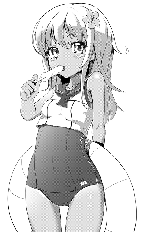 1girl bangs blush breasts commentary_request cowboy_shot crop_top eyebrows_visible_through_hair flower food greyscale hair_flower hair_ornament kantai_collection licking lifebuoy long_hair looking_at_viewer monochrome nontraditional_school_swimsuit one-piece_swimsuit one-piece_tan popsicle ro-500_(kantai_collection) sailor_collar school_swimsuit school_uniform serafuku shinovi simple_background smile solo standing swimsuit swimsuit_under_clothes tan tanline tongue tongue_out