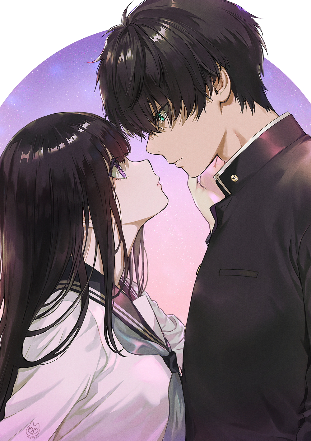1boy 1girl :| artist_name bangs black_hair breasts chitanda_eru closed_mouth collar commentary_request couple ears_visible_through_hair eye_contact eyes_visible_through_hair gakuran green_eyes hair_between_eyes hand_on_another's_cheek hand_on_another's_face height_difference hetero highres hyouka imminent_kiss jacket lips long_hair long_sleeves looking_at_another mery_(apfl0515) oreki_houtarou pocket school_uniform serafuku shirt simple_background star_(sky) uniform violet_eyes