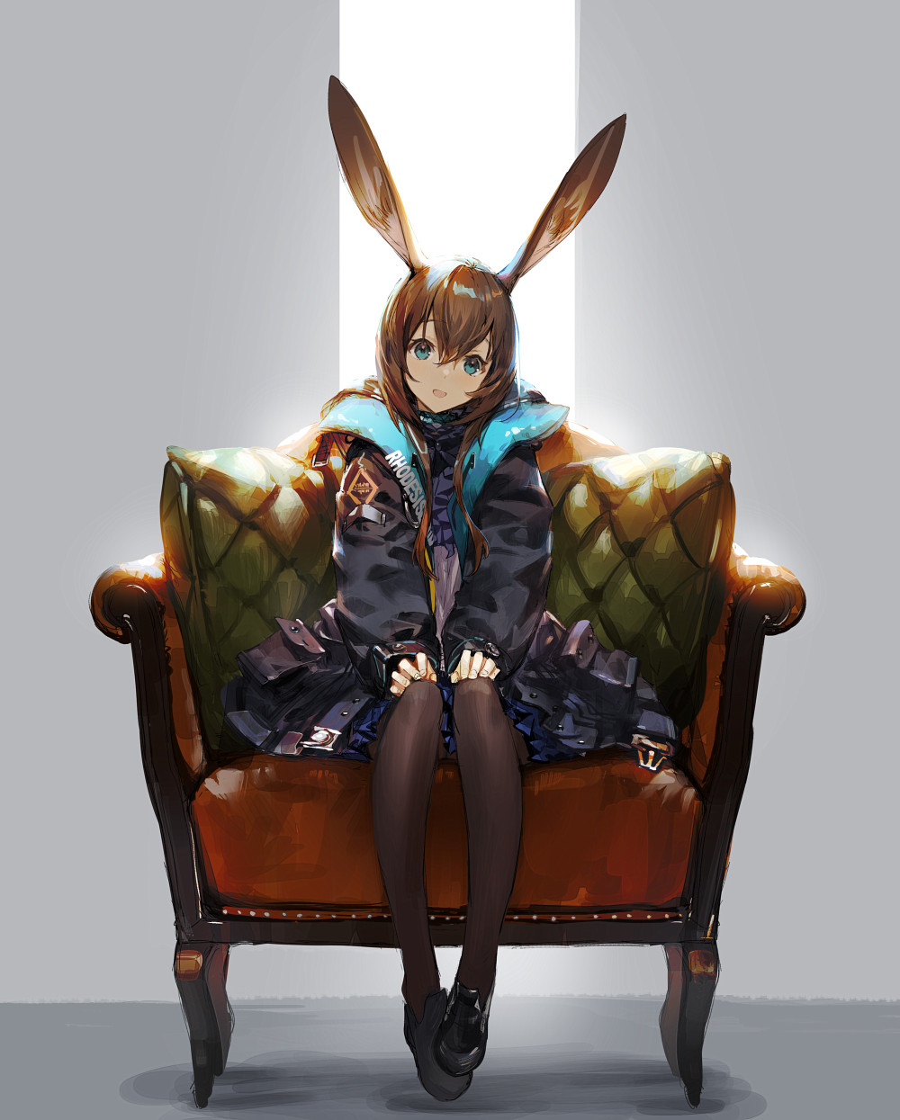 1girl amiya_(arknights) animal_ears arknights ascot bangs black_footwear black_jacket black_legwear blue_eyes blue_neckwear blue_skirt blush brown_hair chair clothes_writing frilled_ascot frills grey_background hair_between_eyes highres jacket kawaguchi_(mojacome) open_mouth pouch rabbit_ears short_hair_with_long_locks simple_background sitting skirt solo