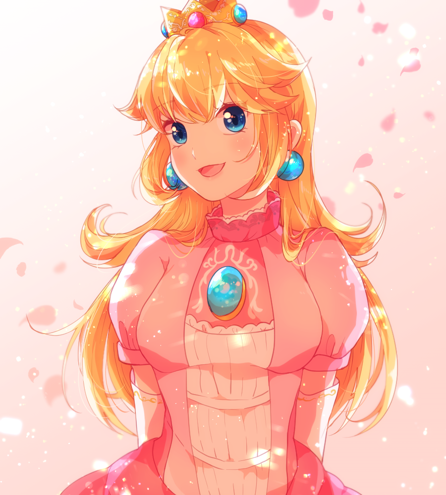 1girl :d arms_behind_back bangs blonde_hair blue_eyes dress elbow_gloves eyebrows_visible_through_hair gloves hair_between_eyes head_tilt indisk_irio long_hair super_mario_bros. open_mouth petals pink_dress princess_peach shiny shiny_hair short_sleeves smile solo standing super_mario_bros. very_long_hair white_background white_gloves