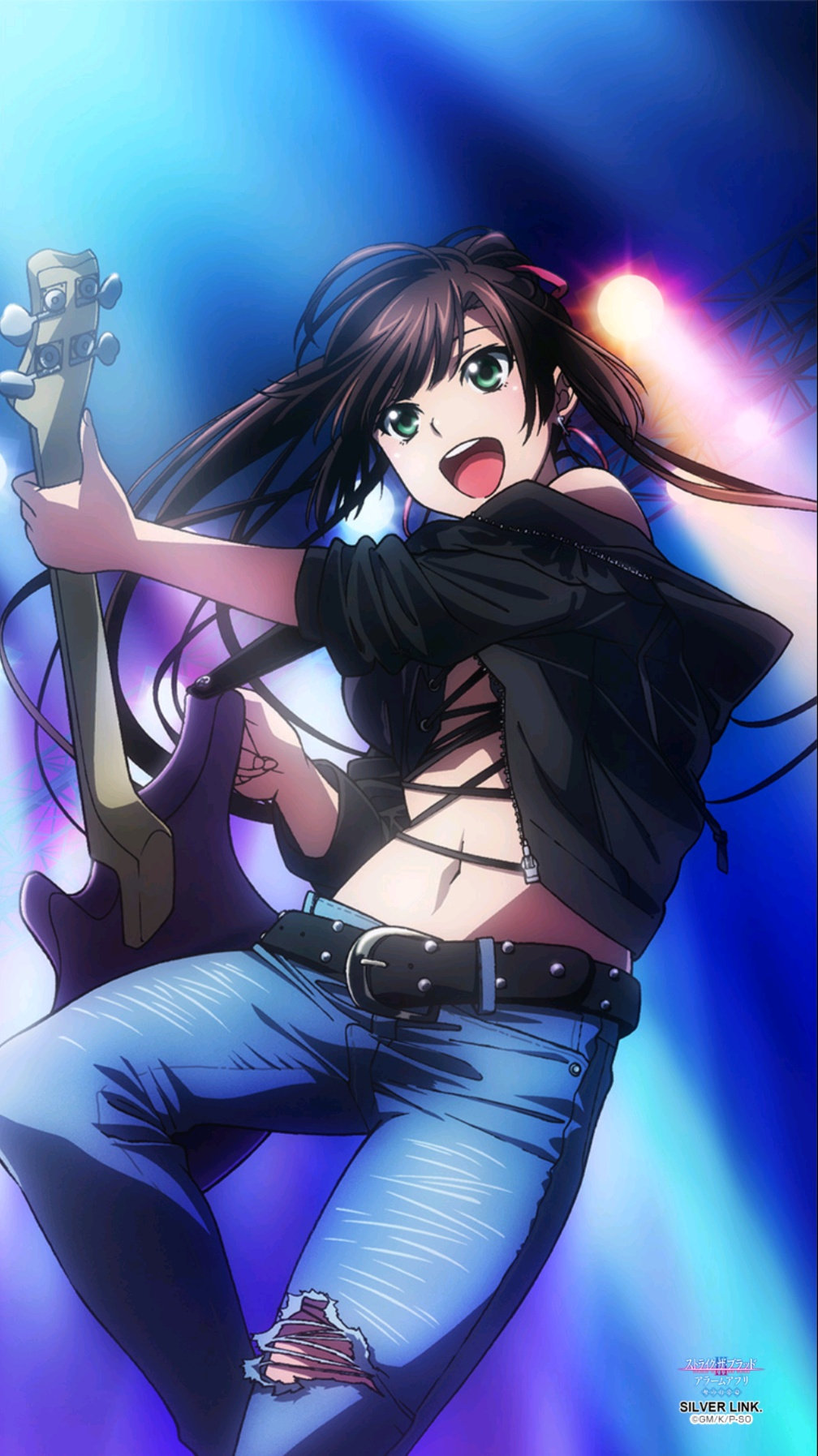 :d artist_request belt black_belt black_jacket breasts brown_hair denim earrings electric_guitar gradient gradient_background green_eyes guitar highres instrument jacket jeans jewelry kirasaka_sayaka long_hair medium_breasts navel official_art open_clothes open_jacket open_mouth pants ponytail sidelocks smile spotlight strike_the_blood torn_clothes torn_jeans torn_legwear torn_pants tsurime