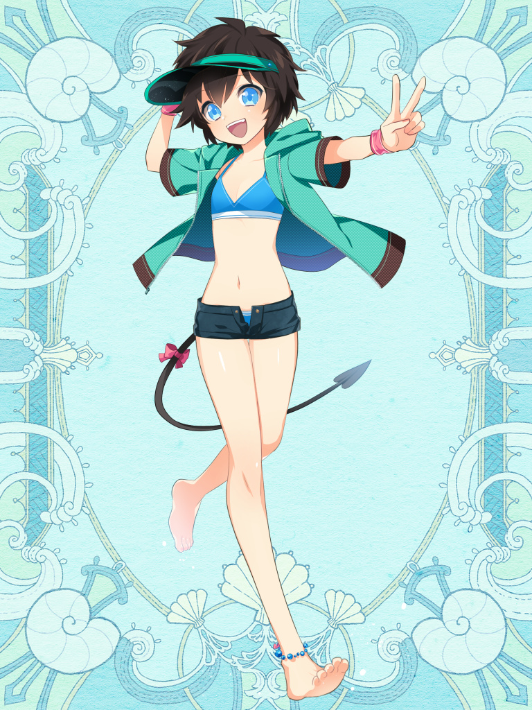 1girl :d anklet barefoot bikini blue_background blue_bikini blue_eyes brown_hair demon_tail flat_chest full_body green_jacket hand_up hood hood_down jacket jewelry kerberos_blade l_(matador) looking_at_viewer midriff navel open_mouth short_hair short_shorts short_sleeves shorts simple_background smile solo swimsuit tail v visor_cap walking wristband