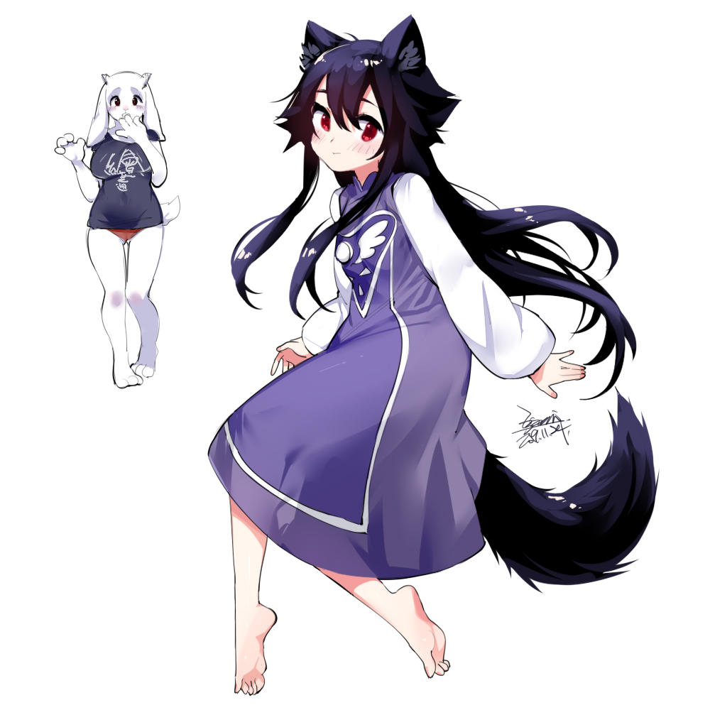 2girls animal_ears barefoot black_hair cosplay dress ejami ekko_(ejami) fox_ears fox_girl fox_tail furry long_hair long_sleeves multiple_girls original red_eyes shirt smile tail toriel toriel_(cosplay) undertale