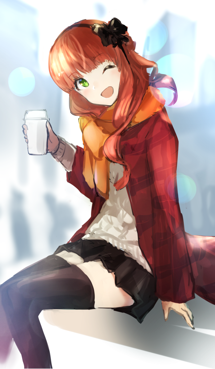 1girl bangs black_legwear black_skirt blunt_bangs blush cup de_ruyter_(kantai_collection) disposable_cup eyebrows_visible_through_hair green_eyes hairband highres holding holding_cup jacket kantai_collection long_hair long_sleeves one_eye_closed open_mouth orange_scarf plaid plaid_jacket red_jacket redhead scarf sitting skirt solo thigh-highs weasel_(close-to-the-edge)