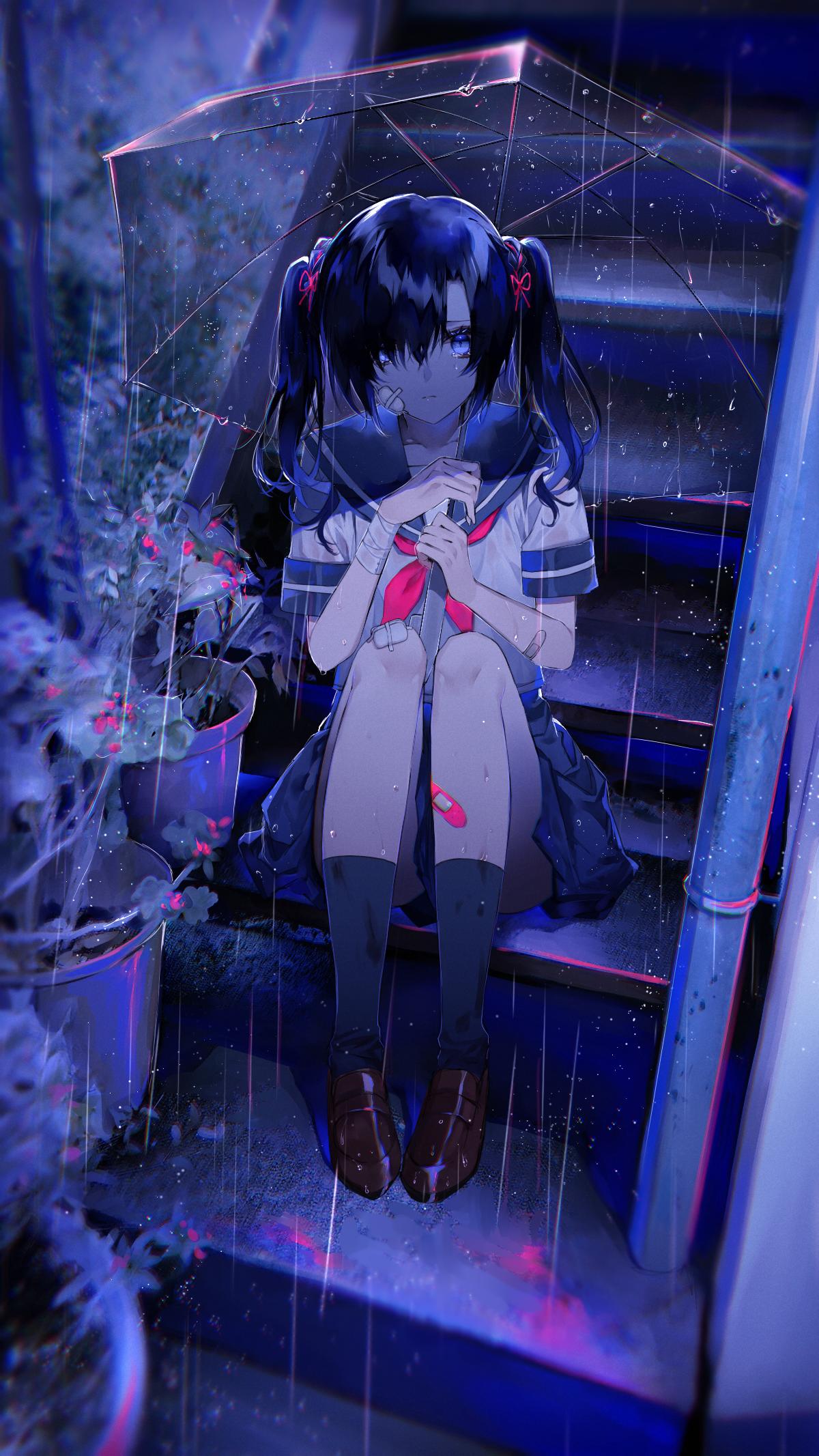 1girl bandaged_wrist bandaid bangs black_hair black_legwear blue_eyes blurry blurry_background braid brown_footwear crying crying_with_eyes_open eyebrows_behind_hair fuuna_(conclusion) gauze hair_between_eyes hair_over_one_eye hair_ribbon highres holding holding_umbrella loafers long_hair looking_at_viewer neckerchief night original outdoors parted_bangs pink_neckwear pink_ribbon plant pleated_skirt potted_plant rain ribbon ribbon_braid sailor_collar school_uniform serafuku shoes sitting sitting_on_stairs skirt solo stairs tears twintails umbrella wet wet_clothes
