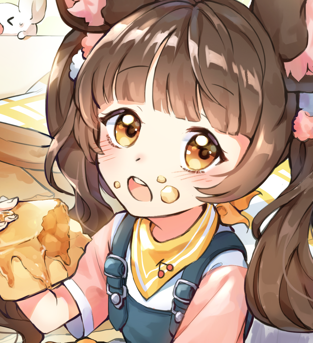 &gt;o&lt; 1girl animal_ear_fluff animal_ears apple_pie bangs brown_hair child close-up eating eyebrows_visible_through_hair food food_on_face holding holding_food lerome light_brown_eyes long_hair looking_at_viewer mouse mouse_ears neckerchief open_mouth original overalls short_sleeves solo_focus twintails upper_body yellow_neckwear