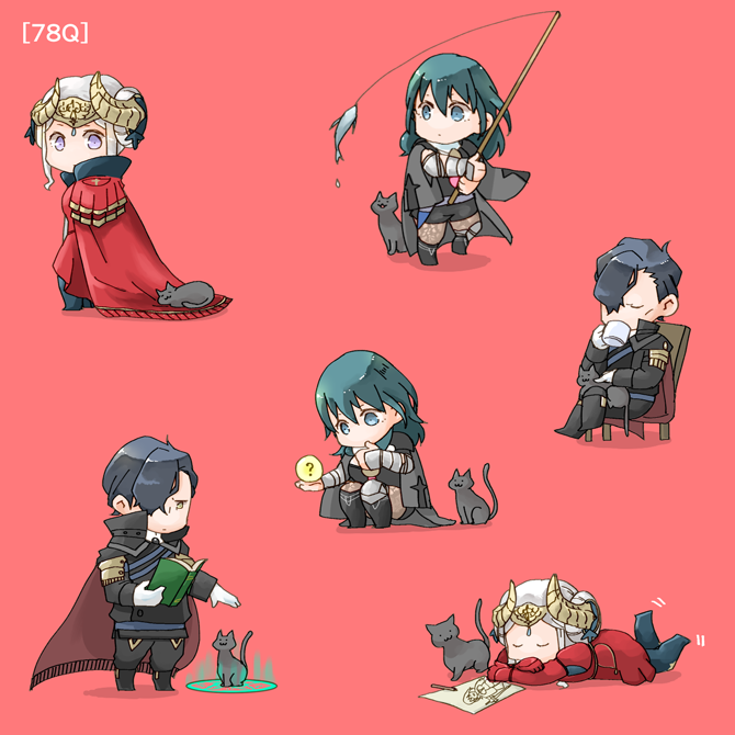 1boy 2girls black_hair blue_eyes blue_hair book byleth_(fire_emblem) byleth_eisner_(female) cape cat chair closed_eyes closed_mouth edelgard_von_hresvelg fire_emblem fire_emblem:_three_houses fish fishing_rod gloves headpiece holding holding_book horns hubert_von_vestra lying medium_hair multiple_girls on_stomach open_book red_background red_cape robaco short_hair simple_background sitting squatting violet_eyes white_gloves white_hair