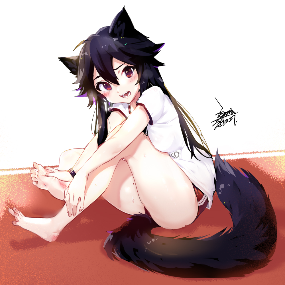 1girl animal_ears barefoot black_hair bruise ejami ekko_(ejami) fox_ears fox_girl fox_tail gym_shirt gym_shorts gym_uniform injury long_hair original red_eyes shirt shorts sitting tail