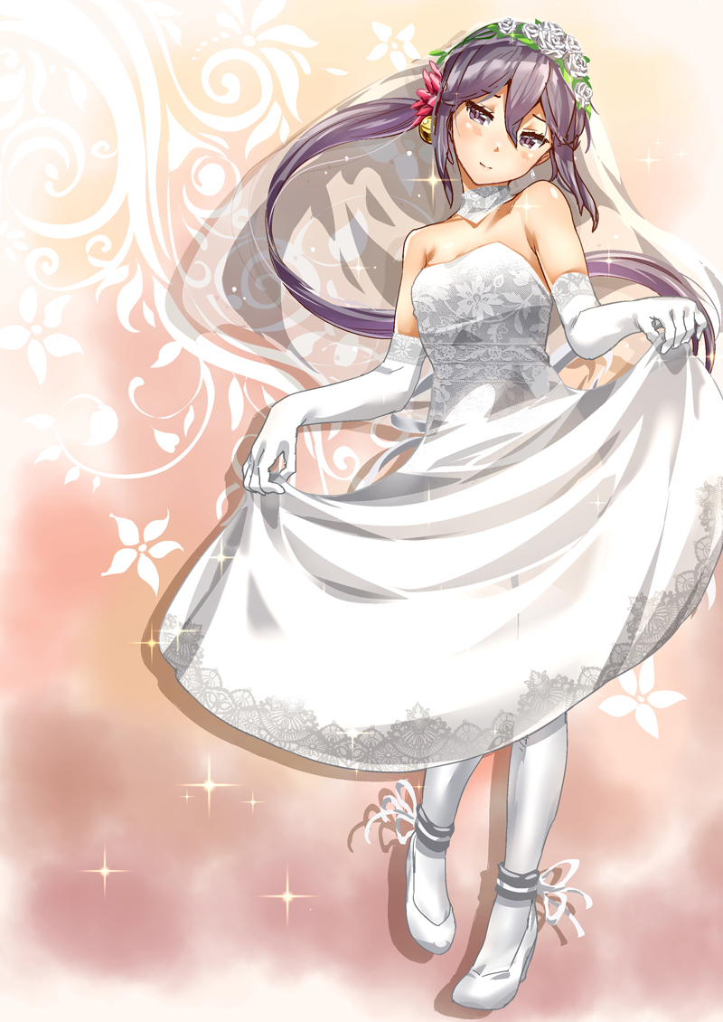 1girl akebono_(kantai_collection) ankle_ribbon bare_shoulders bell blush breasts bridal_gauntlets bridal_veil choker dress dress_lift earrings eyebrows_visible_through_hair floral_background flower fukami_naoyuki hair_flower hair_ornament high_heels jewelry kantai_collection leaf lifted_by_self long_hair looking_to_the_side purple_hair red_flower ribbon see-through shiny shiny_skin sidelocks small_breasts smile solo sparkle strapless strapless_dress translation_request veil very_long_hair violet_eyes wedding_dress white_dress white_flower white_footwear white_legwear
