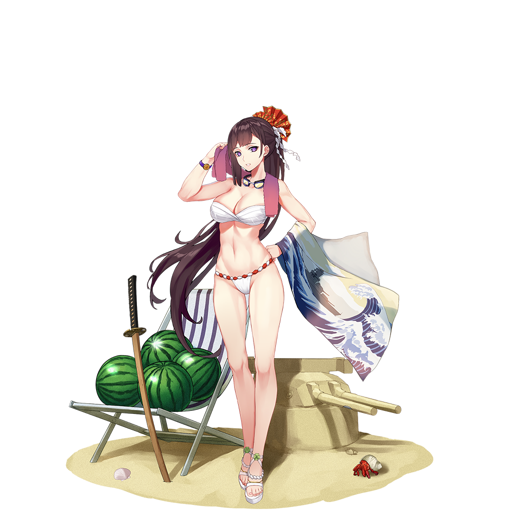 bikini breasts brown_hair food fruit large_breasts nagato_(warship_girls_r) ponytail sandals standing swimsuit sword turret violet_eyes warship_girls_r watermelon weapon white_bikini wooden_sword zi_se